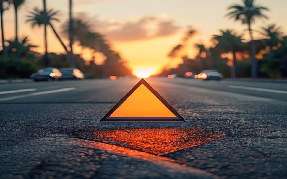 Emergency warning triangle on a palm-lined Florida road at sunset