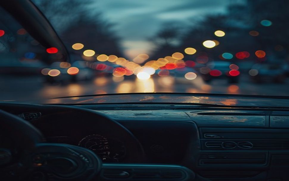 View of a city street at dusk from inside a car