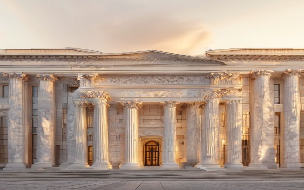 Classical courthouse columns in warm morning light